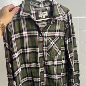 Express flannel plaid, boyfriend, fit shirt, size medium. Olive green.